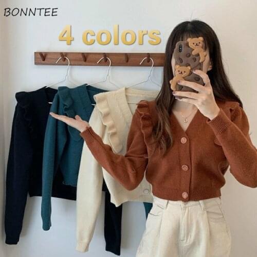 Cardigan Women V-neck Pure Color Stylish Female Mujer De Moda Casual Button Korean Style Spring Long Sleeve All Match Chic Crop