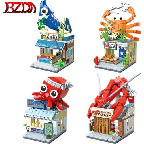 BZDA Japanese Mini street view Octopus Food Shop Building Blocks Moc Mini Blocks Friends Takoyaki Food House Bricks Kids Toys