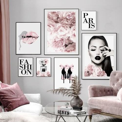 Fashion Make Up Pink Floral Black Lipgloss Woman Portrait Self-adhesive Wall Stickers Wall Art Prints Poster Home Decoration
