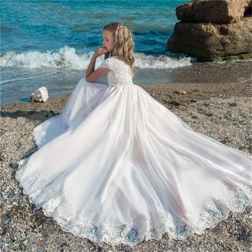 First Communion Dresses for Girls Sleeveless Solid O-Neck Lace Ball Gown Flower Girl Dresses for Weddings Birthday