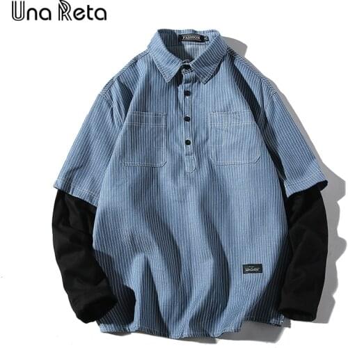 Una Reta Lover Shirt Spring New Brand Hip-Hop Retro Lapel Shirt Men Streetwear Stiped Pullover Stitching Sleeve Shirts