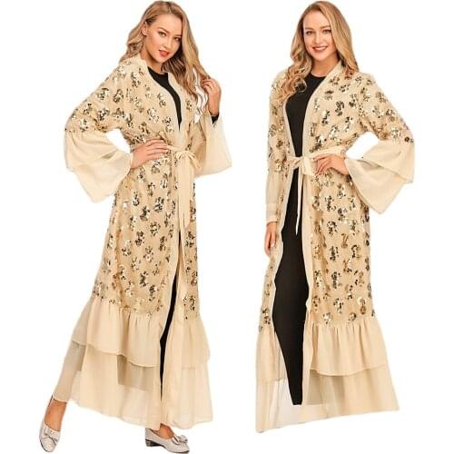 Sequined Chiffon Patchwork Flared Sleeves Muslim Cardigan Robe islamic clothing women muslim islamic clothing
