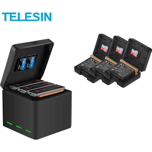 TELESIN 3 Pack Battery + 3 Slots Battery Storage Charger TF Card Storage Box for DJI Osmo Action Camera Accessories