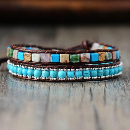 Vintage Leather Bracelets High End Mix Natural Stones 2 Strands Wrap Bracelets Woven US Europe Bead Statement Bracelet Handmade