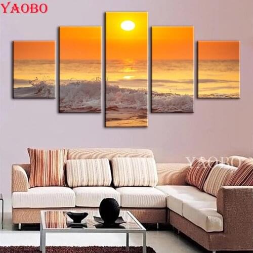 Sunset Sea Waves Landscape diamond embroidery round diamond painting full square drill 5d mosaic diamond handwork 5 piece