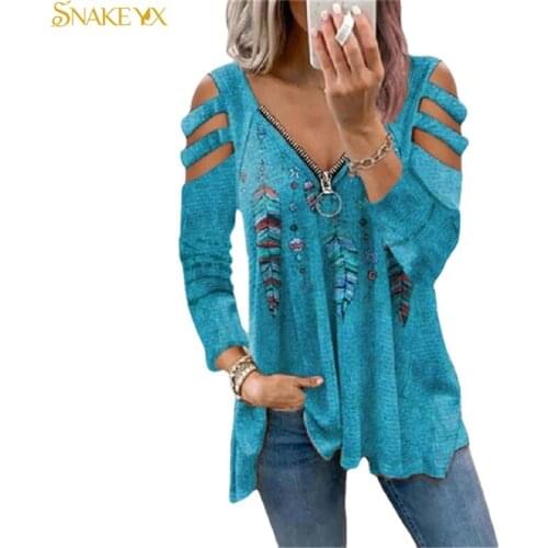 SNAKE YX Oversized T Shirt Autumn Womens Plaid Feather Printed Long Sleeve Zipper V-neck T-shirt Soft Comfortable Top Shirt