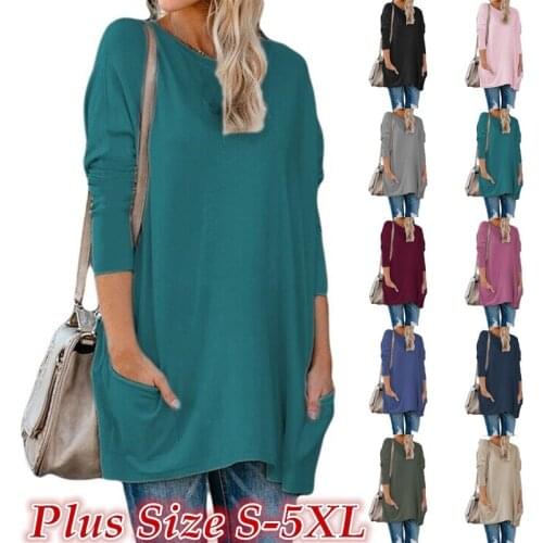 Womens new spring and autumn solid color bat long-sleeved casual pocket T-shirt tops for women