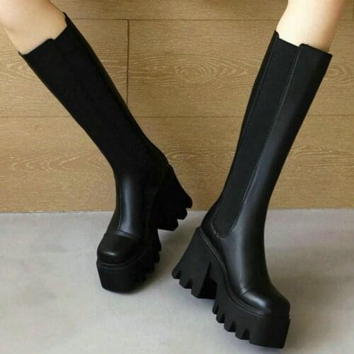 2021 Women Knee High Boots Platform Thick High Heel Ladies Motorcycle Boots Elastic Band Square Toe Women Chunky Boots Big Size