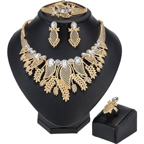 Flower Necklace Sets For Women Dubai African Gold Jewelry Set Bride Earrings Rings Indian Nigerian Wedding Jewelery Set Gift