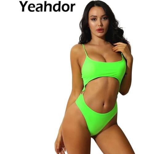 Women One-Piece Swimsuit Swimwear Monokini Lace-Up Scoop Neck Back Padded Bra Tops O-ring High Cut Briefs Bathing Suit Beachwear
