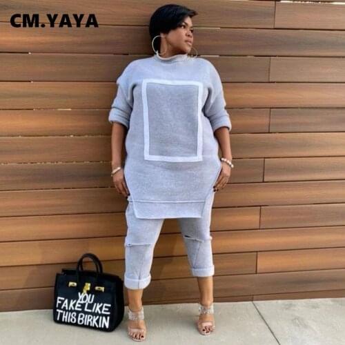 CM.YAYA Activewear Fleece Patchwork Womens Set Crewneck Sweatshirt + Hole Pants Suit Tracksuit Two Piece Set Fitness Outfit