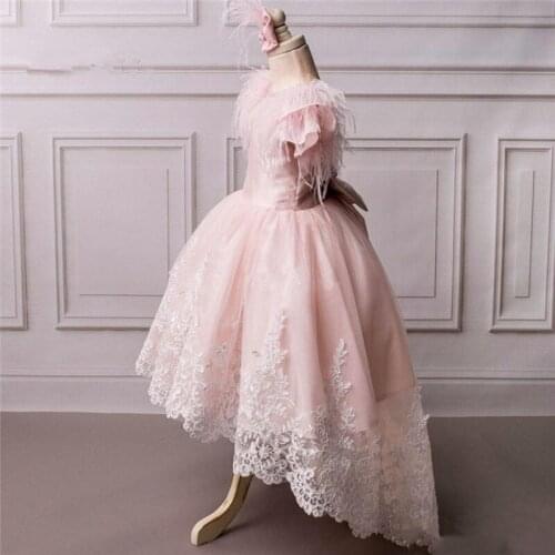 White Ivory Pink Flower Girl Dress Lace Feather with bow High Low Style Real Pictures Pageant Gowns Birthday Party Customize
