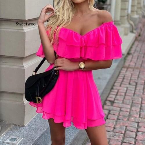 Elegant Off Shoulder Ruffle Fit Flare Dress Women Solid Casual Dress Summer Dress Mini Elegant Dress