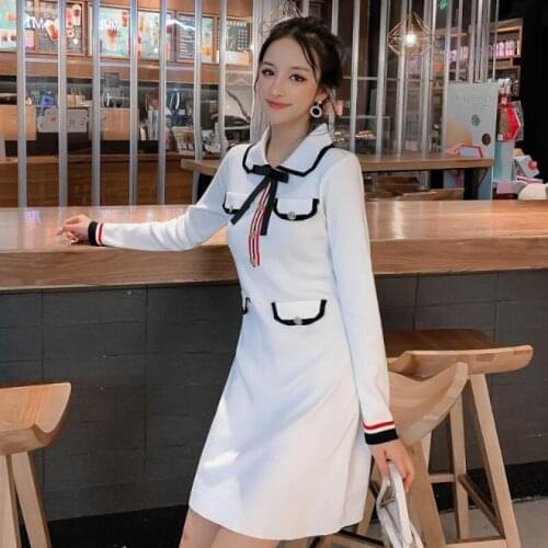 2021 Autumn Winter High Quality Knitted Dress Fashion Women Hit Color Turn Down Collar Long Sleeve Bow Black Knit Dress