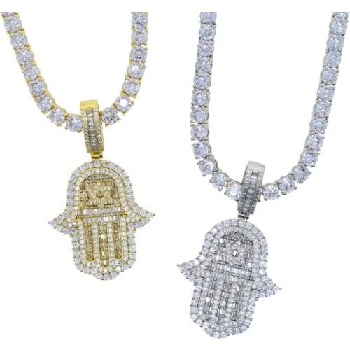 2021 Hop hop women men Fashion Iced Out Bling 5A Baguette Cubic Zirconia tennis chain Hamsa Hand Pendant Necklace punk jewelry