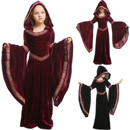 Halloween Costumes for Kids Girls Medieval Cosplay Vampire Witch Dress Middle Ages Carnival Party Performance Long Clothing