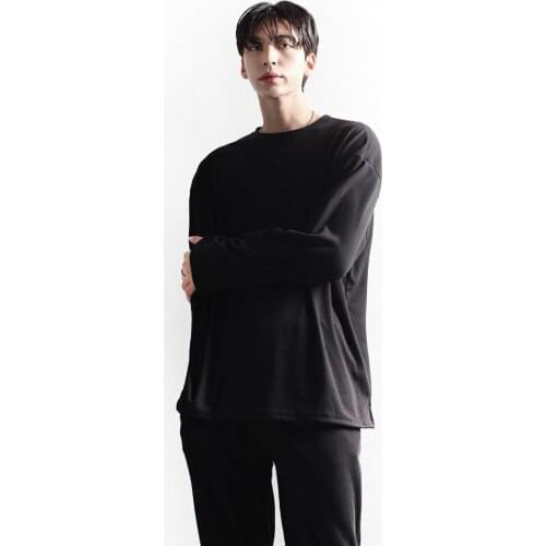 Mens T-shirt Korean crew neck straight tube style versatile m Style Soft Knit Long Sleeve T-Shirt oversized top