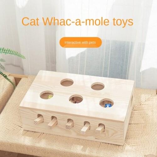 Interactive Cat Hunt Mouse Toys, 5 Holes Wooden Solid Whack A Mole Game Funny Kitten Puzzle Toy