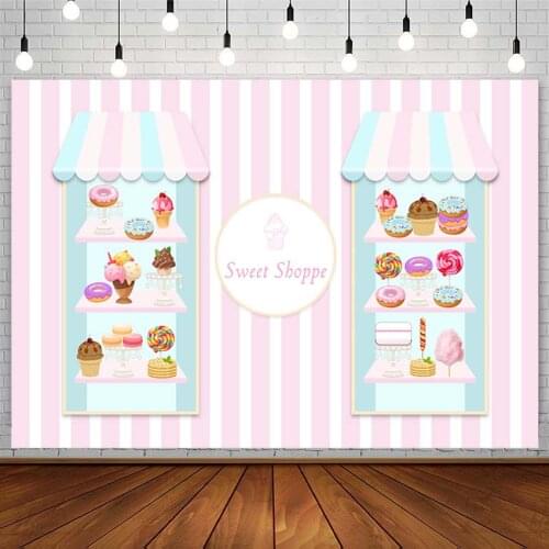 Sweet Shop Backdrops Girl Birthday Baby Shower Donut Ice Cream Cake Pink Stripes Photography Backgrounds Photo Studio Photozone
