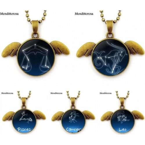 Leo Virgo Sagittarius Constellations Fashion Jewelry Steampunk Women Gift Bronze Angel Wings Necklace For Men Women Gift