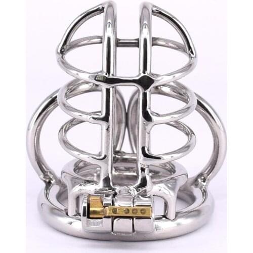 Male Cock Cage with Anti-off Ring Stainless Steel Penisring Scrotum Restraints Gear Chastity Devices with Stealth Lock Metal