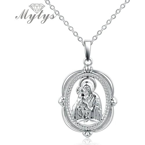 Mytys Silver Color Virgin Mary Pendant Christianity Necklace Slide Pendant Jewelry Gift for Women CN274