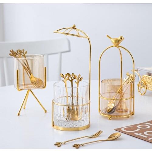 Stainless Steel Fruit Fork Spoon Set Tableware Storage Rack Golden Cute Spoon Household Dessert Cake Fork Home Decoration