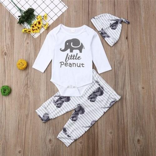 Baby Boy Clothes 2021 Newborn Baby Boy Unisex Kid Elephant Long Sleeve Romper Top Pants Hat Autumn Clothes Set 0-24M