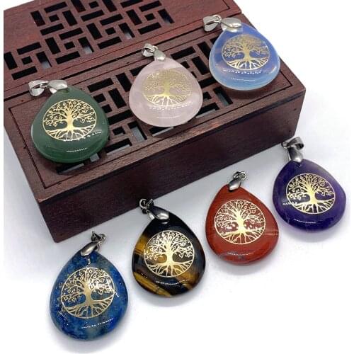 Natural Stone Pendant Drop-shaped Tree of Life Amethyst Lapis Lazuli Opal Green Aventurine Jewelry Making Necklace Accessories