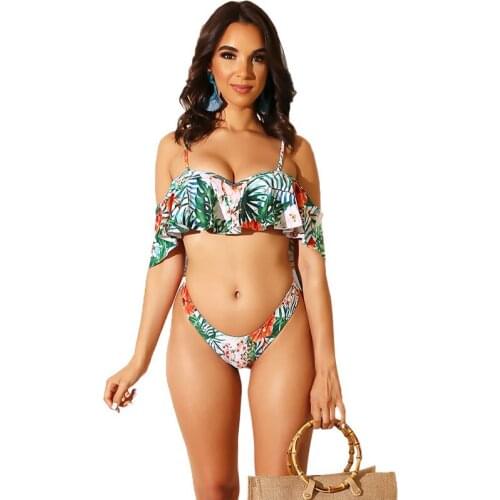 Sexy Ruffle Bohemia Bikini Push Up Swimwear Women Floral Leaf Print Swimsuit Backless Bathing Suit Beachwear Bikinis 2020 Mujer