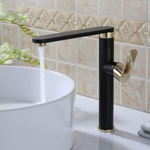 Contemporary Black and Gold Painting Brass Bathroom kitchen Lavatory Vanity Vessel Sink Faucet With Polished Gold Lever Handle