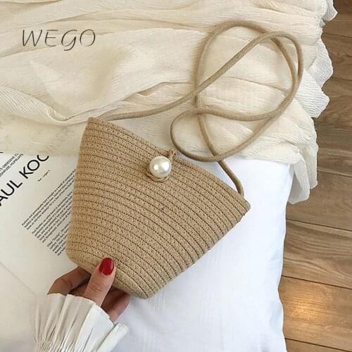New Pearl Bucket Bag Straw Woven Summer Vacation Beach Bag Bohemian Girl One-Shoulder National Woven Bucket Bag