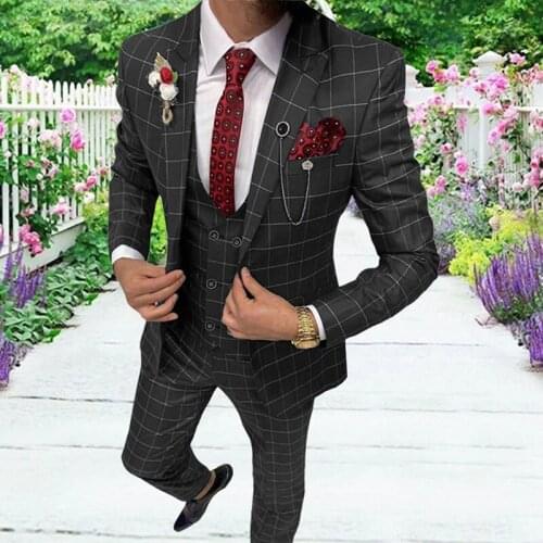 2021 Spring Fashion Mens Suits Slim Fit 3 Pieces Soft Thin Plaid Prom Tuxedos Party Jacket Blazer For Wedding Grooms