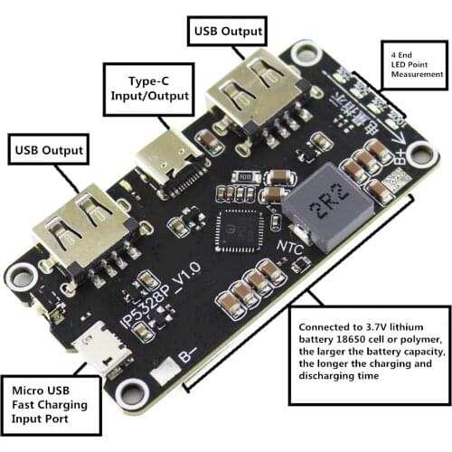 IP5328P Dual USB 18650 Battery Charger Treasure Tpye-c 3.7V to 5V 9V 12V Step Up Fast Quick Charger Circuit Board QC2.0 QC3.0