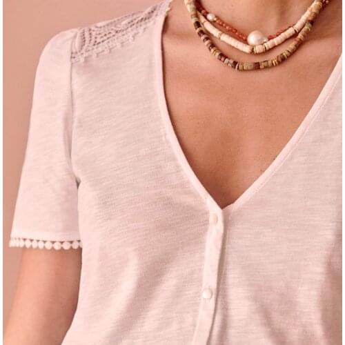 Runelen Solid Hollow Out Tees V Collar Short Sleeve Casual Buttons Women T Shirts 2021 Elegant Embroidery White Tees Tops