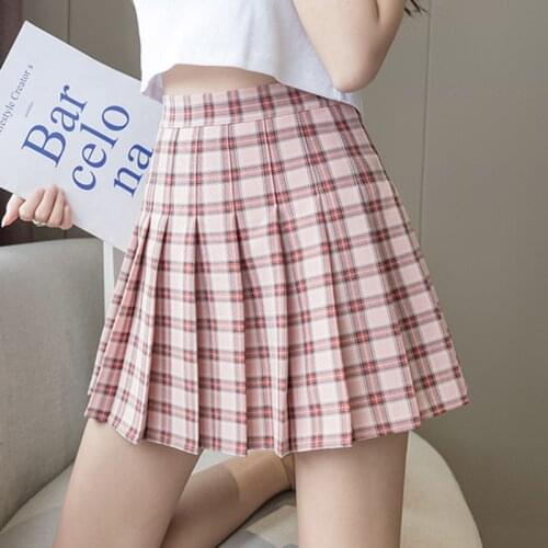Gkfnmt Women Plaid Summer Skirt 2021 High Waist Stitching Student Pleated Skirts Women Cute Sweet Girls Dance Mini Skirt Zipper