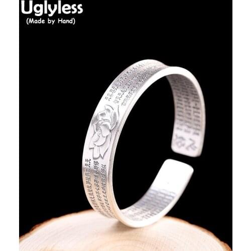 Uglyless Solid 999 Full Silver 12MM Wide Bangles for Women Thai Silver Blooming Lotus Open Bangles Prajna Paramita Sutra Jewelry