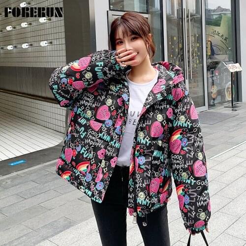 FORERUN Printed Oversized Bubble Coat Hooded Cute Kawaii Puffer Jacket Cotton Padded Women Winter Warm Ropa Para Mujer