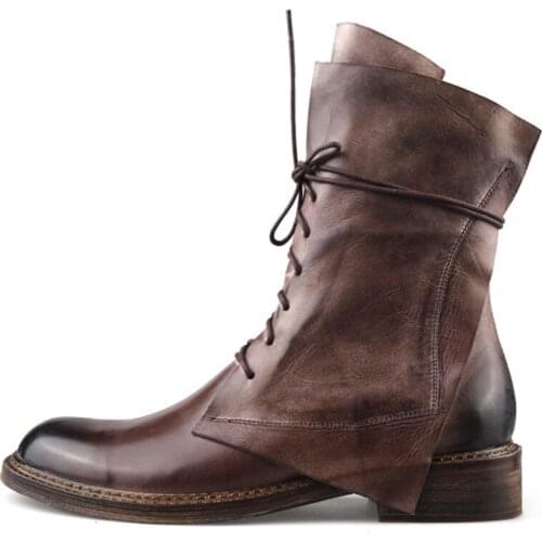 Winter Men Cow Genuine Leather Western Cowboy Riding Boot Block Med Heel Lace Up Work Safety Shoes Vintage Mid Calf Knight Boots