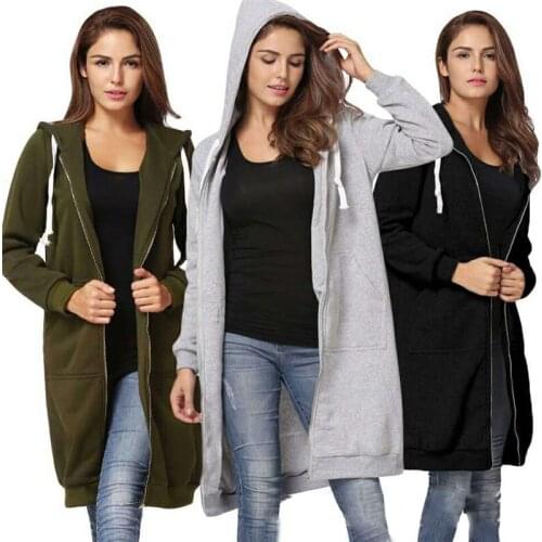 2021 Autumn Casual Women Long Hoodies Sweatshirt Coat Zip Up Outerwears Hooded Jacket Winter Pockets Outwear Tops