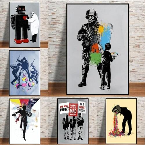 Abstract Banksy Graffiti Wall Art Policeman And Kid Watercolour Canvas Prints Painting On Wall Decor Poster Pictures For Room