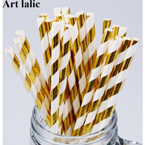 Artlalic Disposable Straws 25pcs/lot Metallic Gold Foil Striped Star Wave Paper Straws Wedding Decorative Party Xmas Event