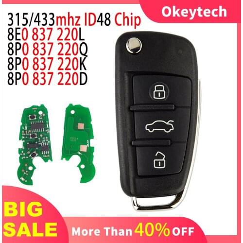 Okeytech 315/433Mhz Car Remote Key For Audi A3 S3 TT A4 S4 2005-2013 ID48 Chip 8E0837220L 8P0837220D/Q/K Flip Key HU66 Blade