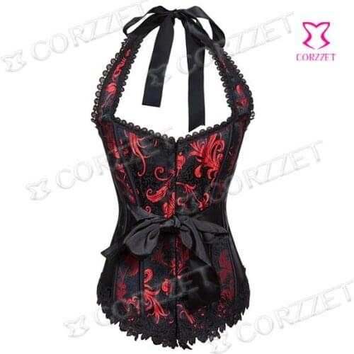 Black Jacquard & Red Floral Embroidery Halter-neck Push Up Gothic Sexy Corsets And Bustiers Top Corpete E Corseletes Espartilhos