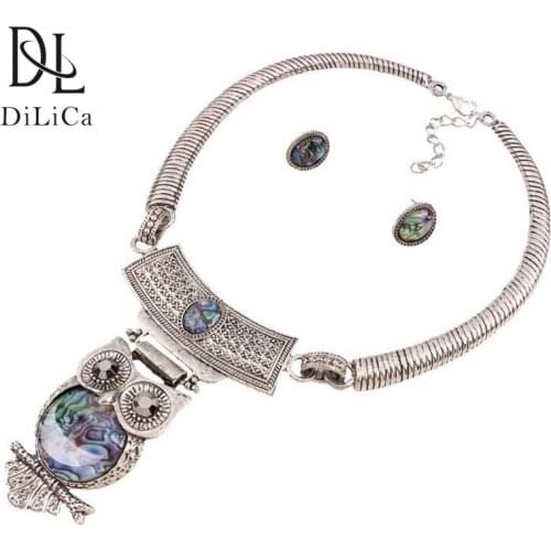 DiLiCa Vintage Jewelry Set Resin Alloy Owl Statement Bib Necklace Earrings Women Boho Necklaces & Pendants Set Accessories