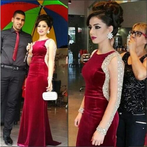 Burgund Red Velvet Prom Dress Elegant Crystals Beaded Long Sleeves Party Dress Formal Event Gown