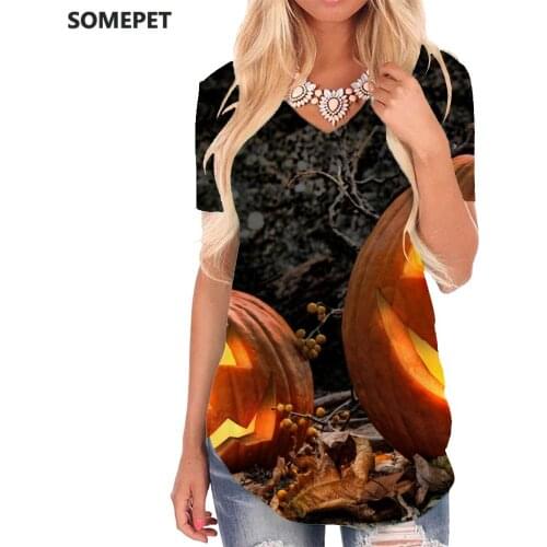 SOMEPET Halloween T Shirt Women Pumpkin Tshirts Printed Party V-neck Tshirt Harajuku Shirt Print Womens Clothing Punk Rock Cool