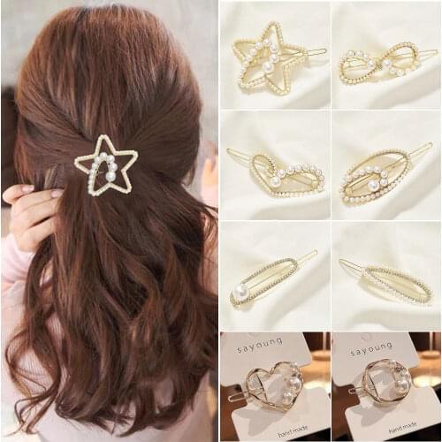 MISANANRYNE Fashion Pearls Hollow Star Metal Hair Clips Women Pearl Clip Headdress Hairpins Women Korea Style Hair Accessories
