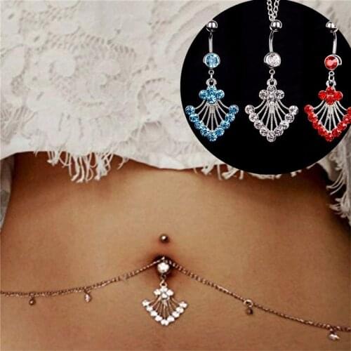 1Piece Crystal Belly Piercing Waist Chain Surgical Steel 14G Peacock Tail Belly Buttton Ring With Waist Chain Belly Ring Jewelry