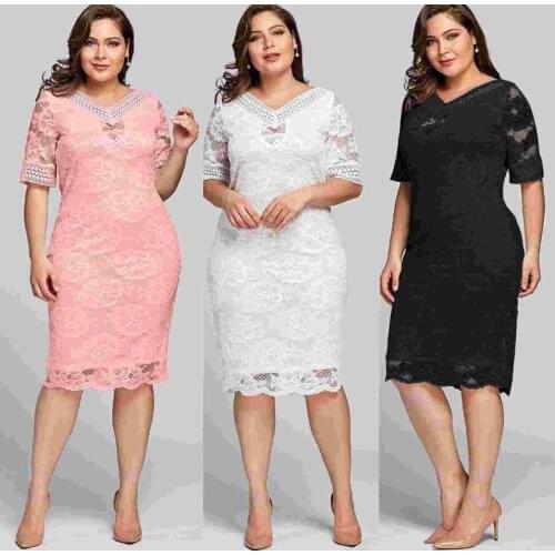 XXXXXL XXXXL XXXL Plus Size Summer Dress 2021 Elegant Women Casual Short Sleeve Beach Short Dress Solid Black White Lace Dress